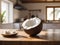 Coconut Serenity: Afternoon Glow on a Wooden Board in a Kitchen Setting