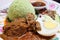 Coconut steam nasi lemak beef rendang chicken berampa fried set half boil egg petai sambal sauce peanut anchovy