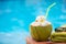 coconut with a straw on the edge of a deckchair against a blue w