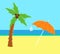 Coconut tree on a sandy shore with an umbrella. Bent palm tree with large green leaves on the beach