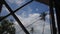 Coconut tree with sky and cloud timelapse, selective focus at window screen