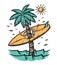 coconut trees and surfing boards in the sea