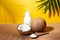 Coconuts, coconut milk and shredded coconut on yellow and brown background with palm shades