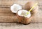 Coconuts Coconut Water Old Wooden Background Straw Copy Space