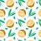 Coconuts and green leaves drawings seamless pattern.