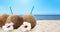 Coconuts with refreshing drink and flowers on sandy beach near sea. Banner design