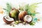 Coconuts watercolor AI generative illustration. Summer tropical food background.