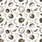 Coconuts are whole and broken, cut into pieces on a white background. Watercolor illustration. Seamless pattern from the