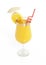 Coctail glass with red straw, orange slice and a coctail umbrella isolated on white background. 3D illustration