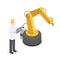 Coder, programmer controlling robotic arm manually. Robotics, cybernetics researcher developing technology isometric