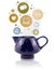 Coffe pot with social and media icons in colorful bubbles