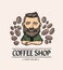 Coffe shop logo. Hand-drawn hipster man with mustache, beard with coffee beans on white background. Barista Vector logo