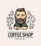 Coffe shop logo. Hand-drawn hipster man with mustache, beard with coffee beans on white background. Barista Vector logo