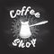 Coffe shop logo. For logo, badge templateon the chalkboard. Vector. Typography design with coffee cezve silhouette.