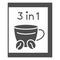 Coffee 3 in 1 with cup and beans solid icon, beverages concept, instant coffee bag vector sign on white background