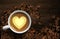 Coffee advertising design.White porcelain cup with coffee and a yellow heart in the middle. High detailed realistic illustration