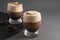 Coffee affogato with vanilla ice cream and espresso. Glass with coffee drink and icecream. Copy space