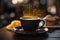 Coffee ambiance Blurred bokeh background complements orange peel infused brew