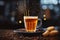 Coffee ambiance Blurred bokeh background complements orange peel infused brew