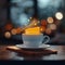 Coffee ambiance Blurred bokeh background complements orange peel infused brew