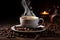 Coffee aroma Morning cup with beans, plate, and aromatic smoke