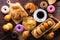 Coffee and assorted junk food multiple type on wooden table of top view