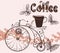 Coffee background with swirl old-fashioned bicycle and coffee