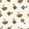 Coffee bag and cups vector seamless pattern background. Creamy brown backdrop with disposable freshly brewed sachets of