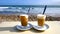 Coffee at the beach with the ocean in the background