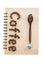 Coffee bean arrange in coffee word with spoon and small cup