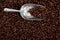 A coffee bean background with a silver scoop