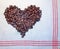 Coffee Bean Heart on Red Striped Antique Linen Towel