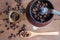 Coffee bean in manual coffee grinder