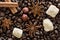 Coffee beans background, cinnamon rolls, anise, brown sugar and
