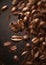 Coffee beans background. Roasted coffee beans falling down.