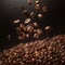 Coffee beans background. Roasted coffee beans falling down.