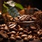 Coffee beans in a bowl on a wooden table. Coffee beans in a ceramic bowl and table in a dark room. Spilled dark coffee seeds on a