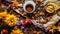 Coffee Beans In A Burlap Sack A Colorful Coffee Based Dessert with Edible Flowers Blurry Background