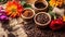 Coffee Beans In A Burlap Sack A Colorful Coffee Based Dessert with Edible Flowers Blurry Background