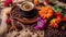 Coffee Beans In A Burlap Sack A Colorful Coffee Based Dessert with Edible Flowers Blurry Background