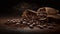 Coffee beans in burlap sack on dark wooden background.