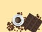 Coffee Beans, Chocolate Bar and White Cofee Cup Isolated in Yellow Background