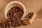 Coffee beans and cinnamon on a background of burlap. Roasted coffee beans background close up. Coffee beans pile from top with