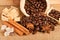 The Coffee beans and cinnamon on a background of burlap. Roasted coffee beans background close up. Coffee beans pile from top with