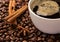 Coffee in beans with cinnamon bark and anise