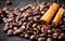 Coffee beans,cinnamon sticks,aroma, coffee,natural, bean, spices, drink, food, brown, on wooden background