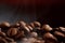 coffee beans on a dark background with a red highlight on the background, coffee beans close-up for a coffee shop