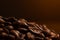 coffee beans on a dark background with a yellow highlight on the background, coffee beans close-up for a coffee shop