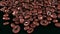 Coffee beans falling 3d animation on black background, closeup. Alpha channel. Coffee Beans Fall.