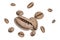 Coffee beans falling background. Black espresso coffee bean flying. Aromatic grain fall isolated on white. Represent